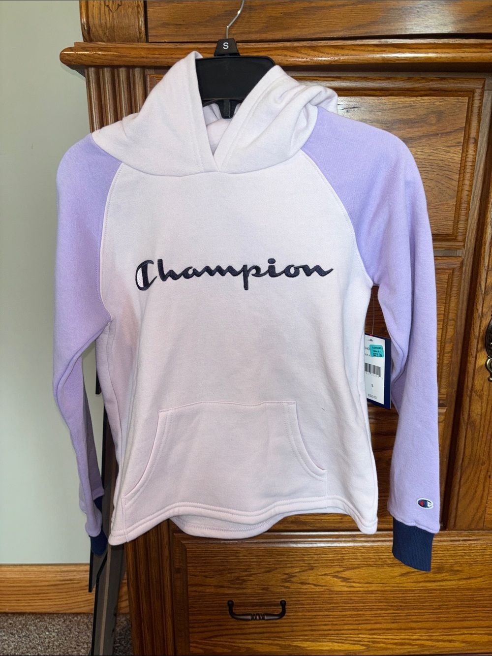 Champion Lavender and White Script Logo Hooded Sweatshirt